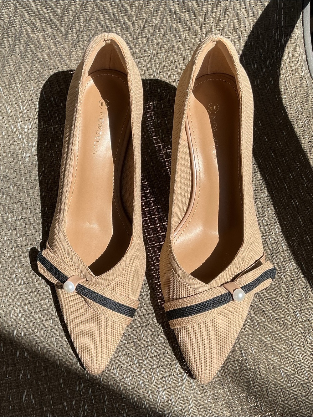 Newbella Tan/Black Pointed Toe Knit Wedge Heeled Shoes